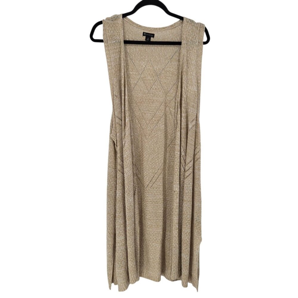 New directions womens size 3X tan beige long line open knit cardigan sweater